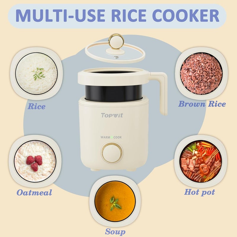 TopWit Rice Cooker Small, Mini Rice Cooker 2 Cups Uncooked, 1.2L Portable Rice Maker with Non-stick Coating, BPA Free, One Touch & Keep Warm Function, Beige - Image 3